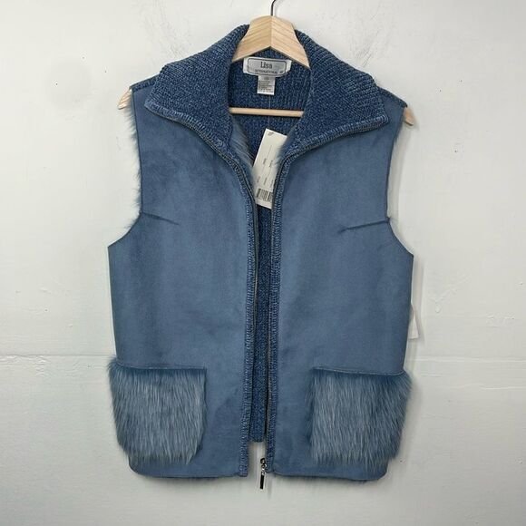 LISA INTERNATIONAL Women's Vest Blue Faux Fur Suede Pockets NWT size MED - Picture 3 of 15